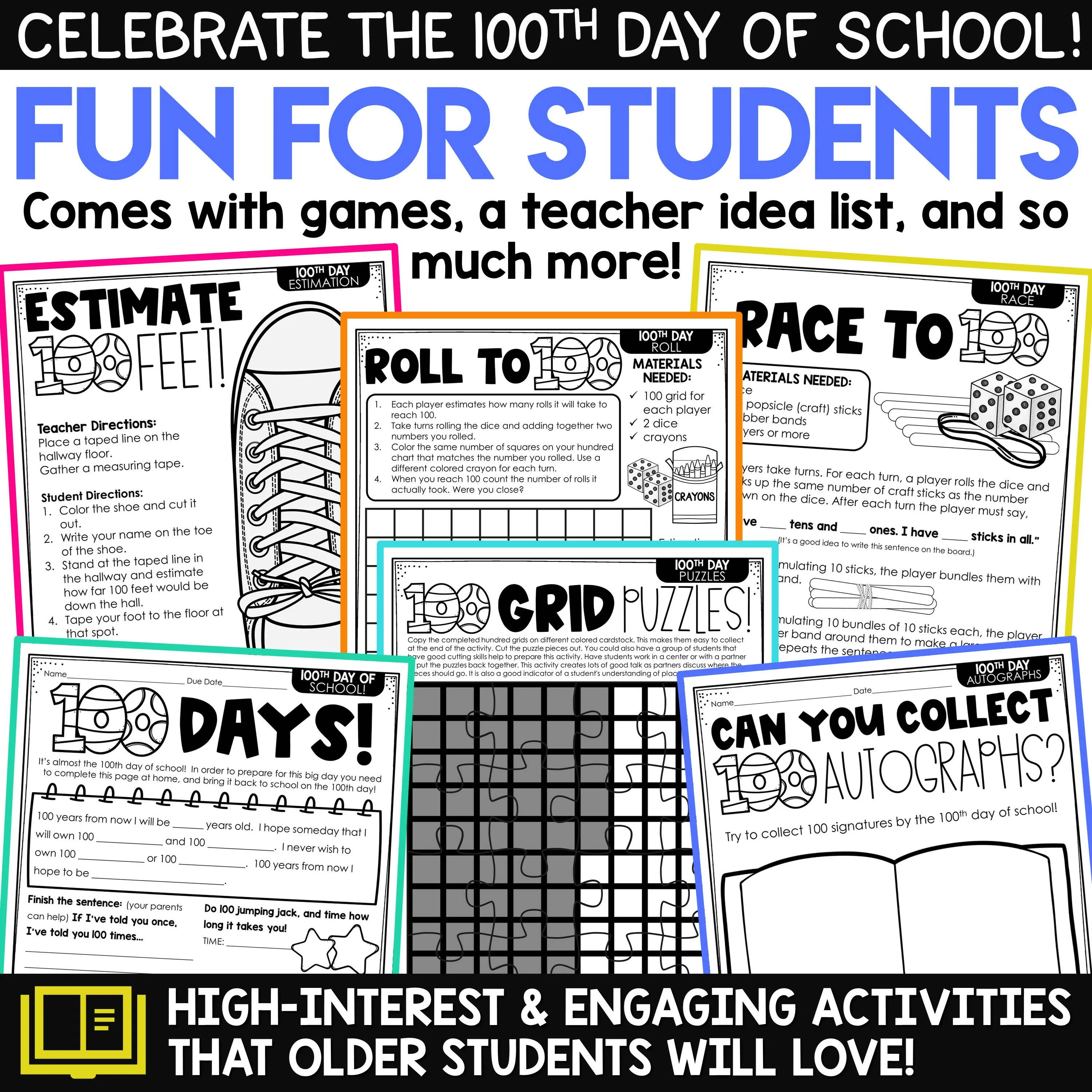 100th Day of School Activities for Upper Grades and Older Students 3rd 4th 5th | Printable Teacher Resources | A Love of Teaching