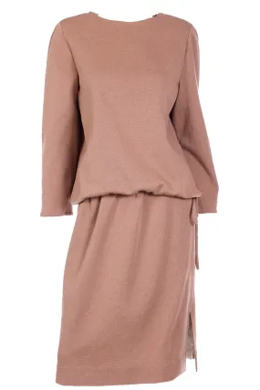 1970s Bill Blass Vintage Camel Brown Knit 2pc Day Dress Outfit