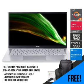 Acer Swift 3 SF314-43-R06N Laptop (Pure Silver) | 14" FHD | Ryzen™ 5 5500U | 8GB DDR4 | 512GB SSD | AMD RADEON | Win11 | MS Office H&S 2021 | Acer Entry Run Rate Backpack | Rapoo M20 Plus Wireless Mouse