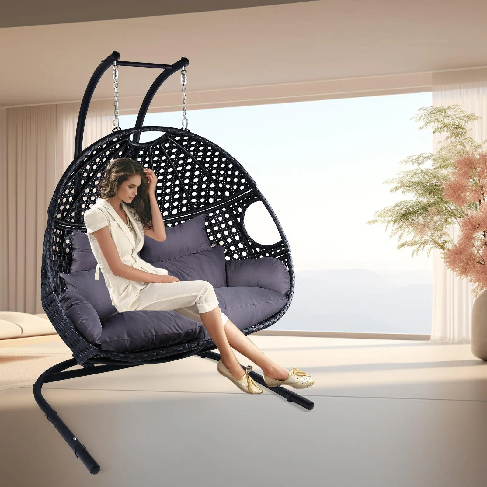 Double Swing Egg Chair with Stand, UV-Resistant Wicker Frame, 530 lbs Capacity, Black