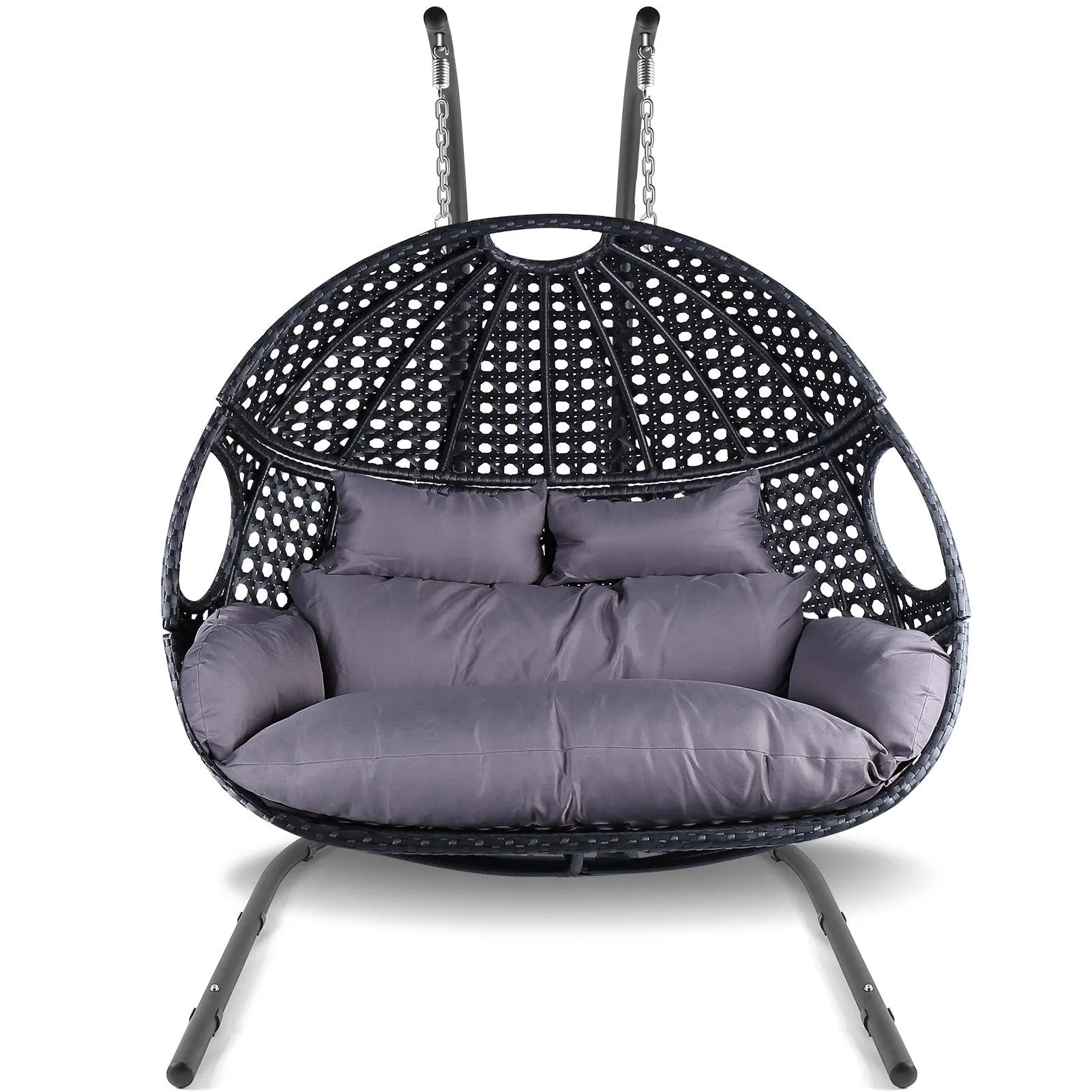 Double Swing Egg Chair with Stand, UV-Resistant Wicker Frame, 530 lbs Capacity, Black