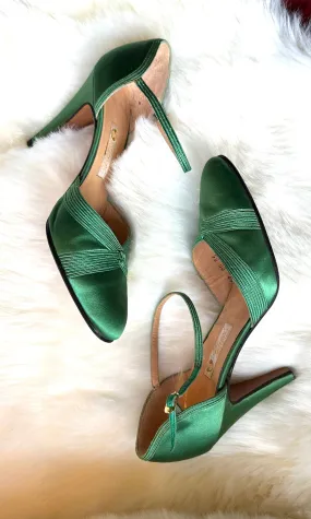 GUCCI 70s Green Satin Ankle Strap Shoes • Size 35 - 5