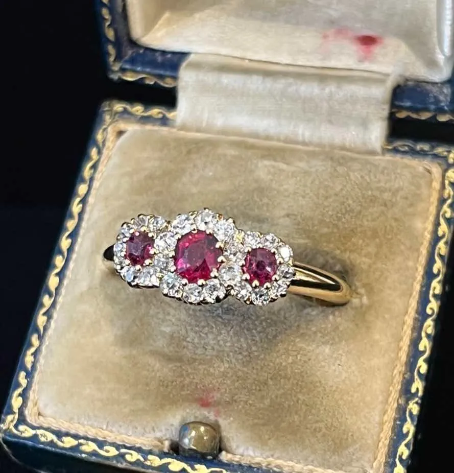 Victorian Ruby and Diamond Triple Round Cluster Ring